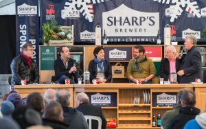 'Ask the Chef' food forum in the Sharp's Chefs Theatre at Padstow Christmas Festival 2016. Chefs from left to right: Nigel Haworth, José Pizarro, Nieves Barragán Mohacho, Mitch Tonks, Rick Stein and Brian Turner.