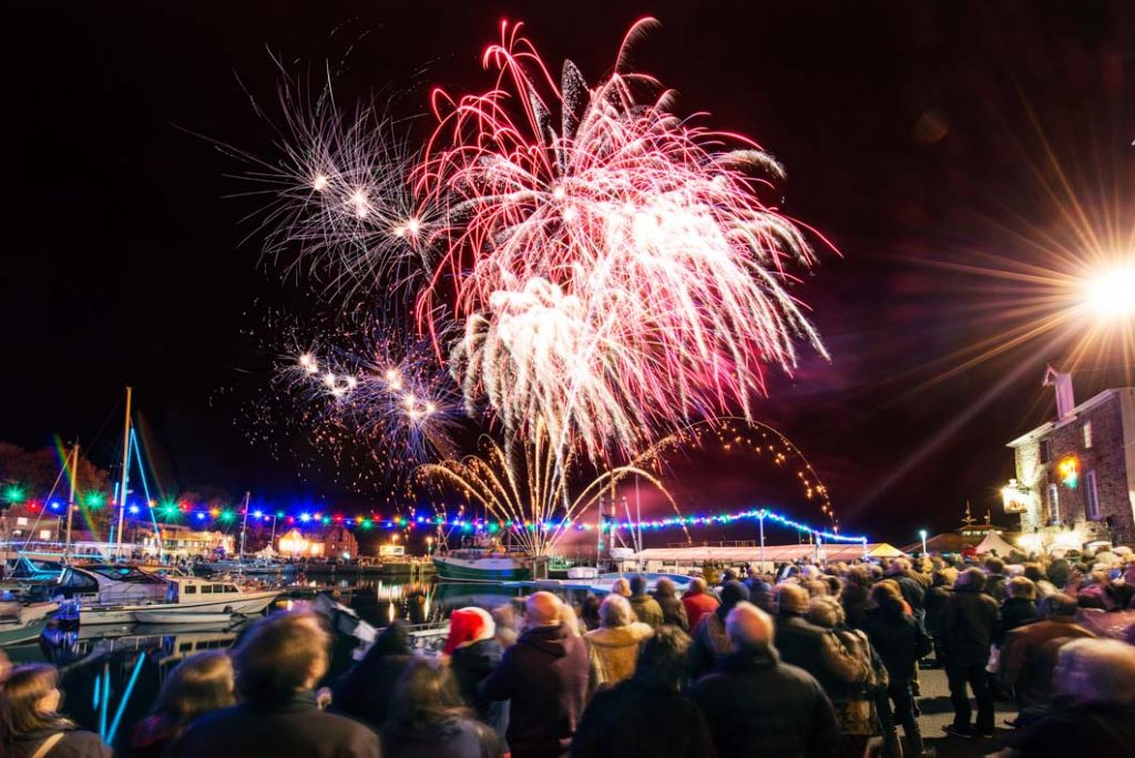 The annual fireworks display over the harbour at the Padstow Christmas Festival.